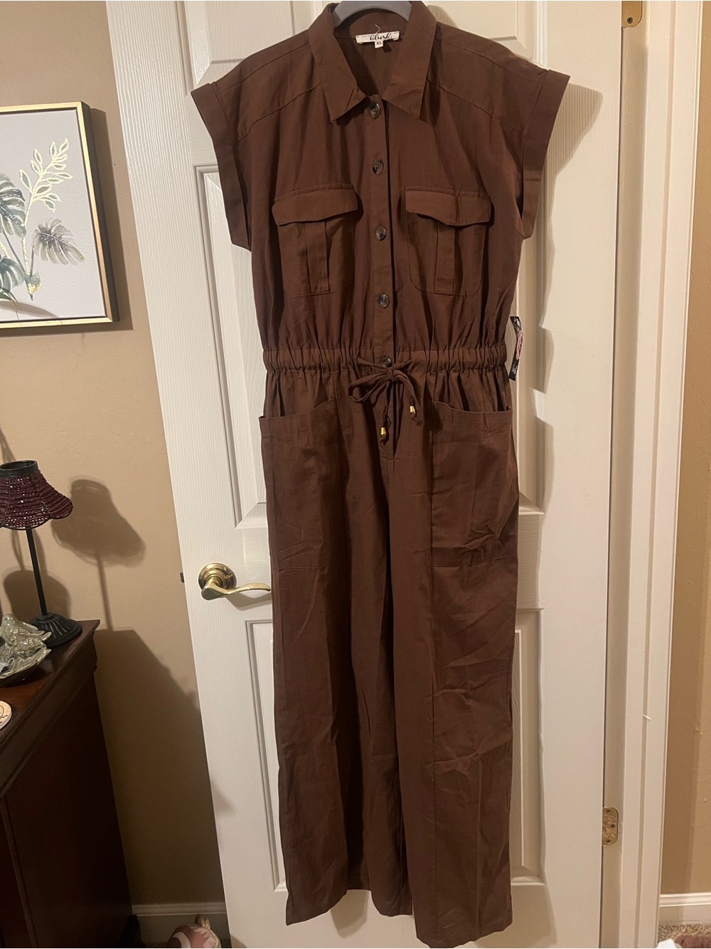 NWT Junior’s Brown Utility Boiler Cotton Button Down Summer Jumpsuit Size XL